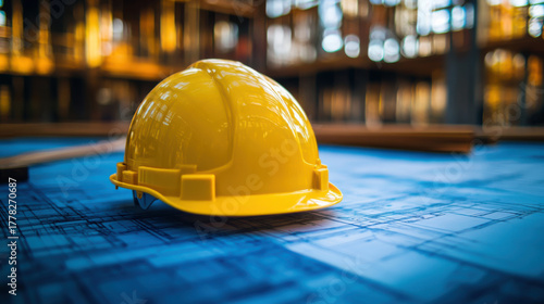 Yellow helmet and heap of project drawings