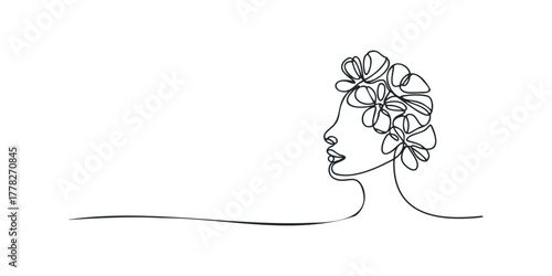 Minimalist woman profile with abstract flowers in hair