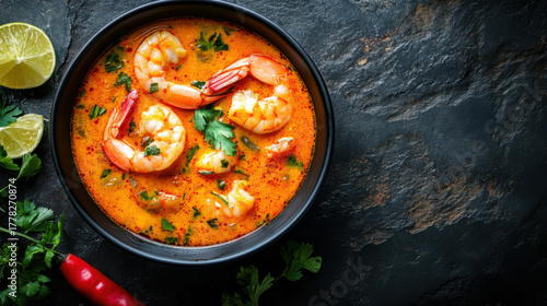 Tom Yam kung Spicy Thai soup with shrimp, seafood, coconut milk and chili pepper in a bowl, top view
