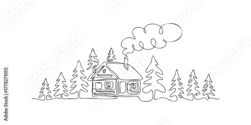 Single line drawing of a cozy cabin with smoke from chimney