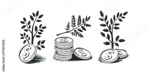 Money plant and coin stacks hand drawn sketch