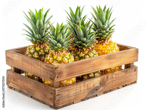 Fresh pineapple in wooden crate isolated on white background