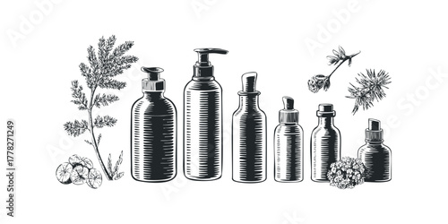 Herbal apothecary bottles with botanical elements