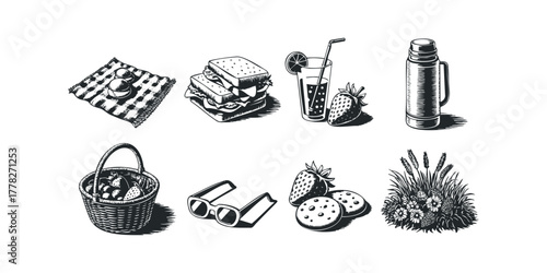 Picnic still life with basket sandwiches drink thermos and sunglasses