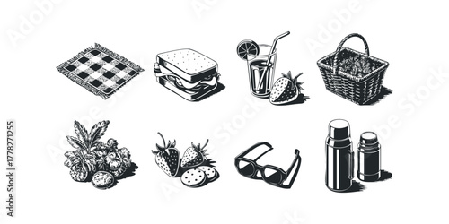 Picnic items including blanket sandwich drink basket fruits cookies and thermos
