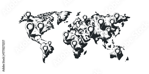 World map with scattered location pins