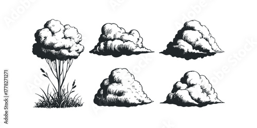 Pen and ink drawing of cumulus clouds above grassy field