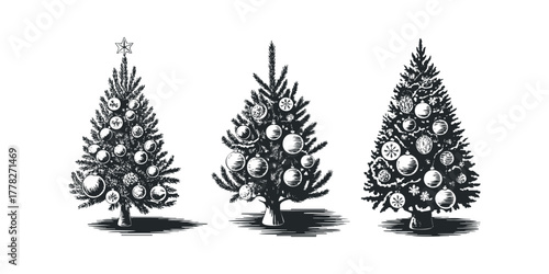 Three decorated evergreen trees with ornaments and star
