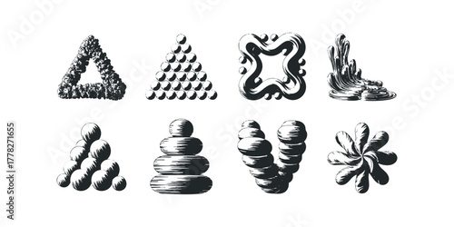 Abstract shapes with textured brush strokes and spherical forms