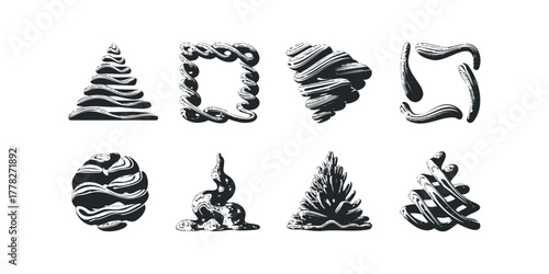 Abstract black ink blob shapes and stylized figures