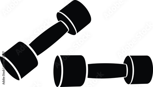 Black silhouette dumbbell icons in different angles, minimalist fitness equipment illustration for gym, workout, strength training, health themes