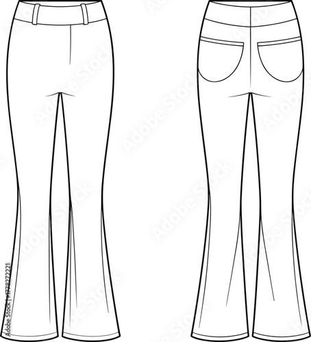Front and back technical sketch of flared pants with belt loops, patch pockets, center seams, yoke detail, and fitted waist.