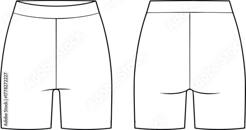 Front and back technical sketch of fitted shorts with waistband, center seam, clean silhouette, minimal design, and straight leg openings.