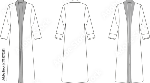 Front, back, and side technical sketch of long robe coat with open front, flared hem, belt loops, and inner facing.