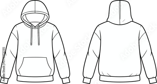 Front and back technical sketch of hooded sweatshirt with drawstring, kangaroo pocket, ribbed cuffs, waistband, and clean back design.