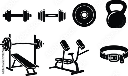 Gym Equipment Silhouette Vector Set – Dumbbell, Barbell, Kettlebell, Bench Press, Leg Press, and Weightlifting Accessories in Black