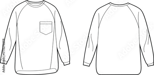 Front and back technical sketch of raglan long sleeve shirt with chest pocket, curved hem, ribbed cuffs, and seam details.