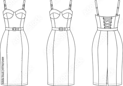 Technical fashion sketch of fitted bustier dress with belt and lace-up back, front side rear views, garment vector illustration