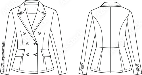 Technical fashion sketch of sleeveless A-line dress with deep V-neck and waist bow, front and back views, vector illustration