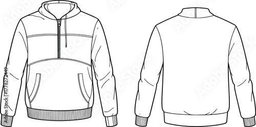 Technical Flat Sketch of Half-Zip Hoodie – Front and Back Views with Drawstring Hood, Kangaroo Pocket, and Ribbed Cuffs