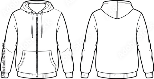 Technical Flat Sketch of Zip-Up Hoodie – Front and Back Views with Drawstring Hood, Split Pocket, Ribbed Hem and Cuffs