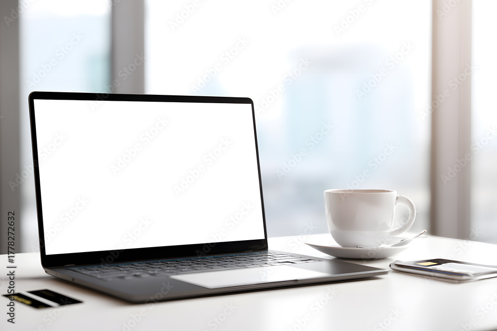 Fototapeta premium Modern workspace featuring laptop with blank screen, coffee cup, smartphone and business cards on a white desk. Business concept