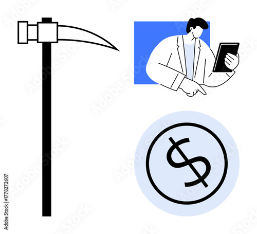 Mining pickaxe, dollar coin, and professional analyzing a tablet embody industry, finance, and technology. Ideal for business, digital economy, investment, strategy data analytics innovation
