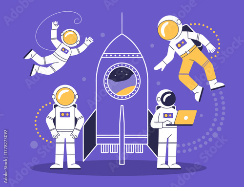 The image showcases astronauts engaging in space activities around a rocket, embodying the spirit of curiosity and teamwork, all set against a vibrant purple backdrop.