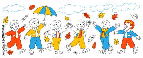 A lively scene of children having fun in colorful outfits playing outdoors during autumn, surrounded by leaves and bright clouds, representing joy and friendship.
