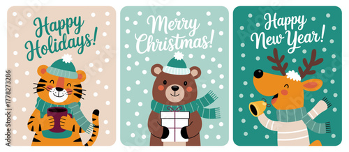 This delightful image features playful cartoon animals joyfully celebrating Christmas and New Year, showcasing their vibrant personalities in a festive and cheerful atmosphere.