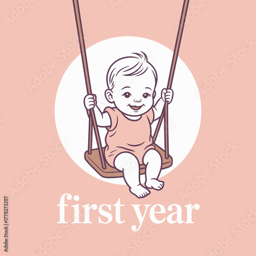 This playful image features a baby girl swinging with joy, celebrating her first birthday with sweetness and warmth, perfect for birthday invitations or decorations.