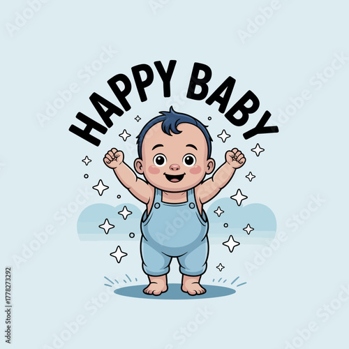 A delightful representation of a happy baby beaming with joy while raising arms high, surrounded by stars, capturing the essence of innocence and happiness in a beautiful design.