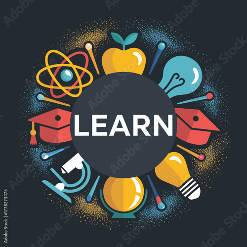 An engaging graphic design represents the circle of learning featuring key elements of education through playful illustrations, emphasizing growth and curiosity in pursuit of knowledge.
