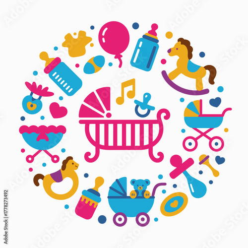 A lively image illustrating a fancy baby crib surrounded by toys, bubbles, and other playful elements, evoking a sense of wonder and childhood magic.