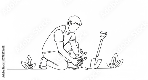 Single continuous line art of a person kneeling and planting a small sapling or plant in the ground with a shovel nearby, symbolizing gardening and ecology.