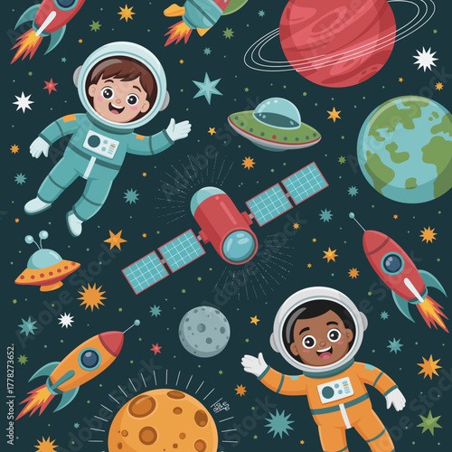 A charming illustration depicting children astronauts exploring outer space, featuring rockets, planets, and a colorful cosmic backdrop, ideal for kid's educational themes.