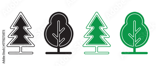 Minimalist Tree Icon Set. Coniferous & Deciduous Styles in Black and Green.