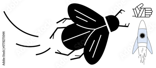 Black fly with movement lines, hand gesture indicating approval, and minimalist rocket suggesting progress. Ideal for growth, creativity, innovation, nature, dynamics, technology change simple flat