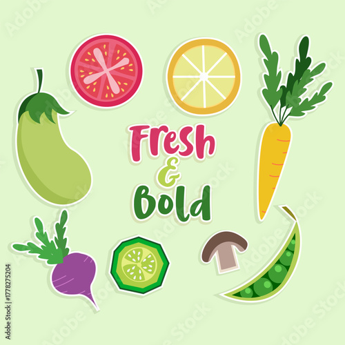 Colorful illustration of various fresh vegetables and fruits.