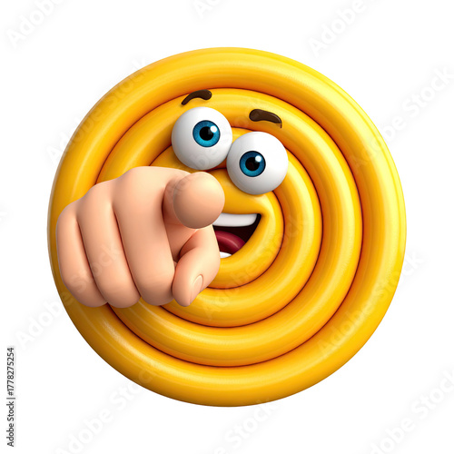 3D cartoon spiral shape with face, pointing forward