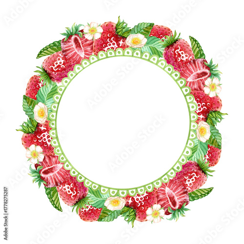 A round frame of red strawberries. A juicy summer berry wreath. Hand drawn watercolor illustration. Copy space template for design cosmetics, fruit snacks, marmalade, candies, chewing gum, menu