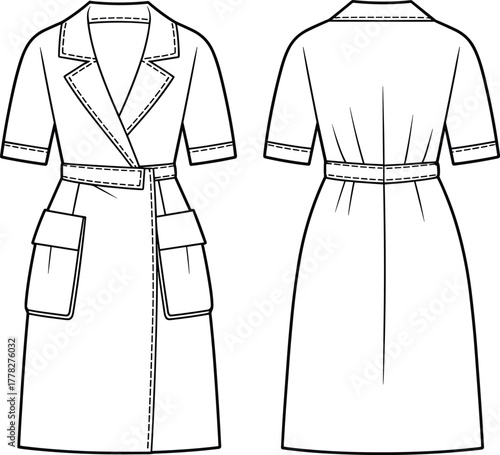 Trench coat dress sketch, front and back view, notched collar, short sleeves, belted waist, patch pockets, fashion design, vector illustration