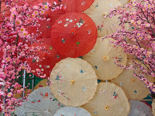 Colorful Paper Umbrellas with Cherry Blossoms