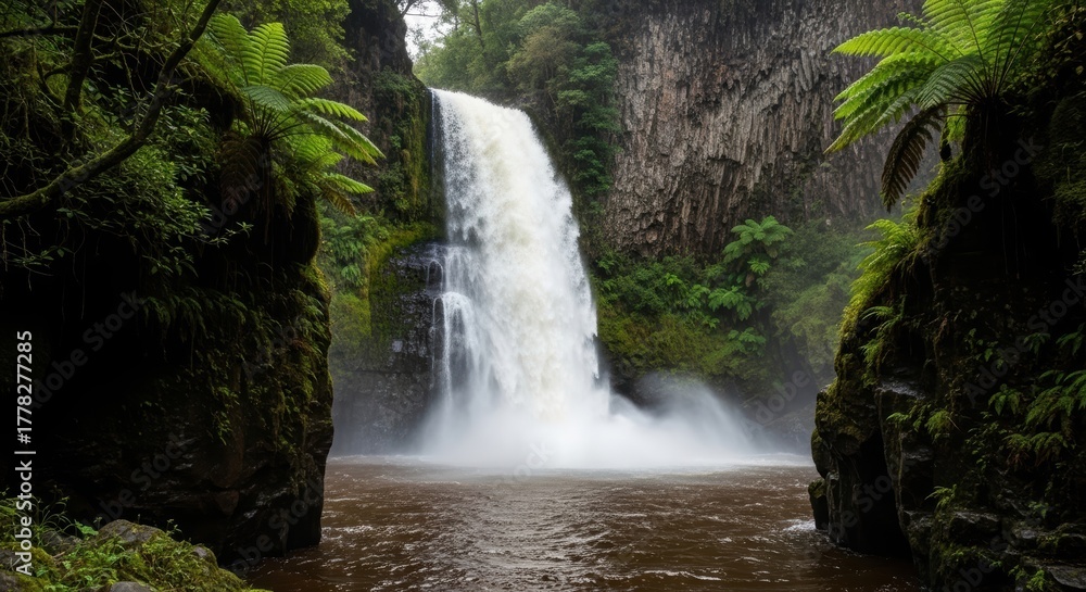 Fototapeta premium Symmetrical Jungle Waterfall with Murky Brown Pool. Photorealistic Hidden Paradise Waterfall. Moss-Covered Rock Walls Framing a Cascade.