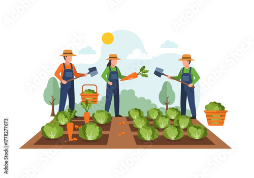 Three farmers harvest vegetables in a sunny garden plot