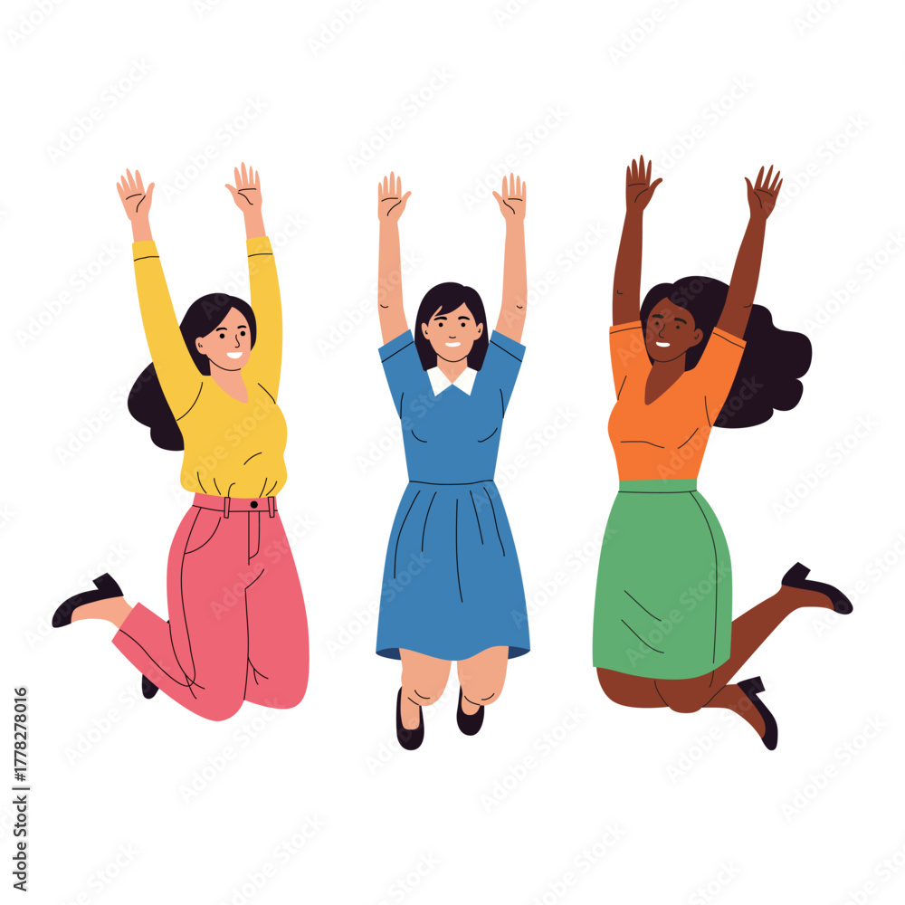 Naklejka premium Three diverse women joyfully jumping, celebrating