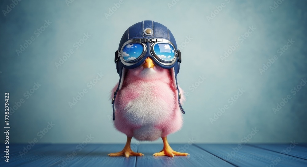Fototapeta premium Adorable pink chick wearing vintage aviator hat and goggles ready for adventure