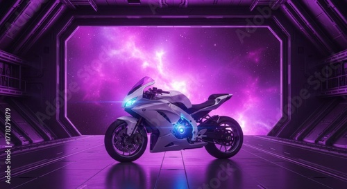 Futuristic motorcycle with glowing blue lights parked in a dark tunnel with purple nebula background