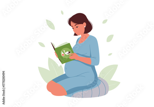 Beautiful and serene image of a pregnant woman immersed in reading a book amidst nature, suitable for health and lifestyle designs.