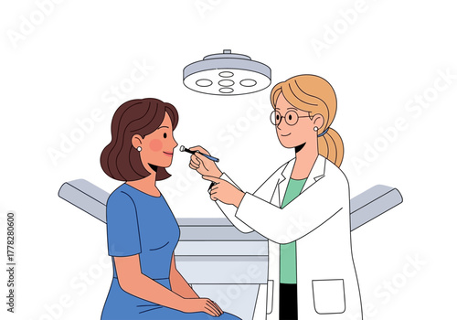 Female patient examined by doctor with light source. Suitable for medical, healthcare, examination, diagnosis concepts in marketing, advertising, presentations.